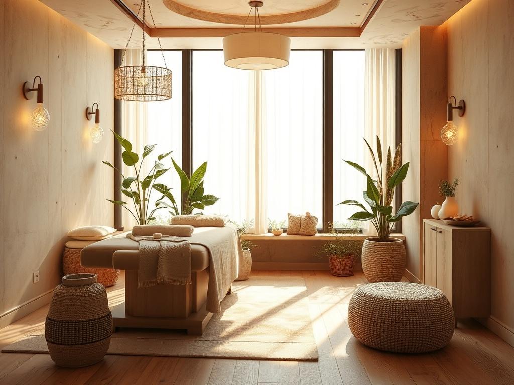 A tranquil and luxurious treatment room featuring earthy tones and rustic textures. The room contains a plush treatment table, ambient lighting fixtures, and natural greenery to create a serene atmosphere. Soft fabrics and high-end finishes adorn the space. The background showcases large windows allowing natural light to flood the room, enhancing the calming vibe. This image should evoke a sense of peace, well-being, and luxury.