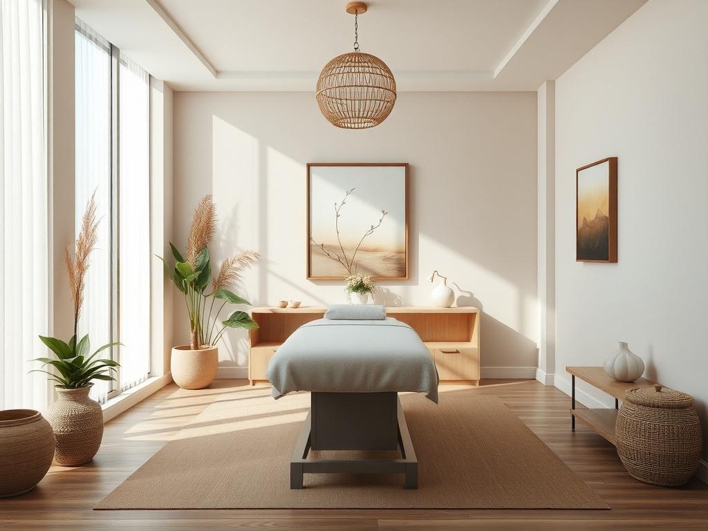 A high-resolution image showcasing an elegant treatment room designed for wellness professionals. The room features earthy tones, soft natural light streaming through large windows, and calming decor. A high-quality treatment table is positioned in the center, surrounded by lush greenery and tasteful artwork that reflects a serene atmosphere. The composition is simple and clear, focusing solely on the treatment room's inviting ambiance.