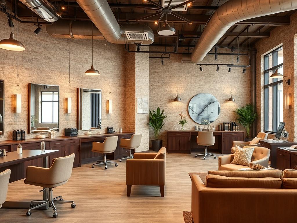An elegant salon interior showcasing stylish workstations, comfortable seating, and modern lighting. The design should feature a blend of contemporary and rustic elements, with earthy textures and a warm color palette. Include mirrors reflecting the salon's ambiance, creating an upscale, inviting atmosphere.