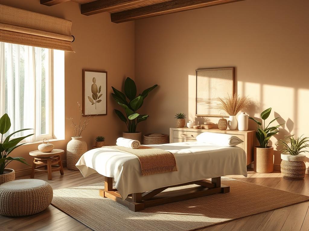 A luxurious treatment room with soft, natural lighting. The room features high-end furnishings, including a plush massage table with soft linens, elegant decor with earthy textures, and calming artwork. A large window lets in natural light, creating a serene atmosphere. The walls are painted in warm, earthy tones, and there are plants strategically placed to enhance the calming vibe. The overall aesthetic is clean and green, promoting a sense of tranquility and relaxation.