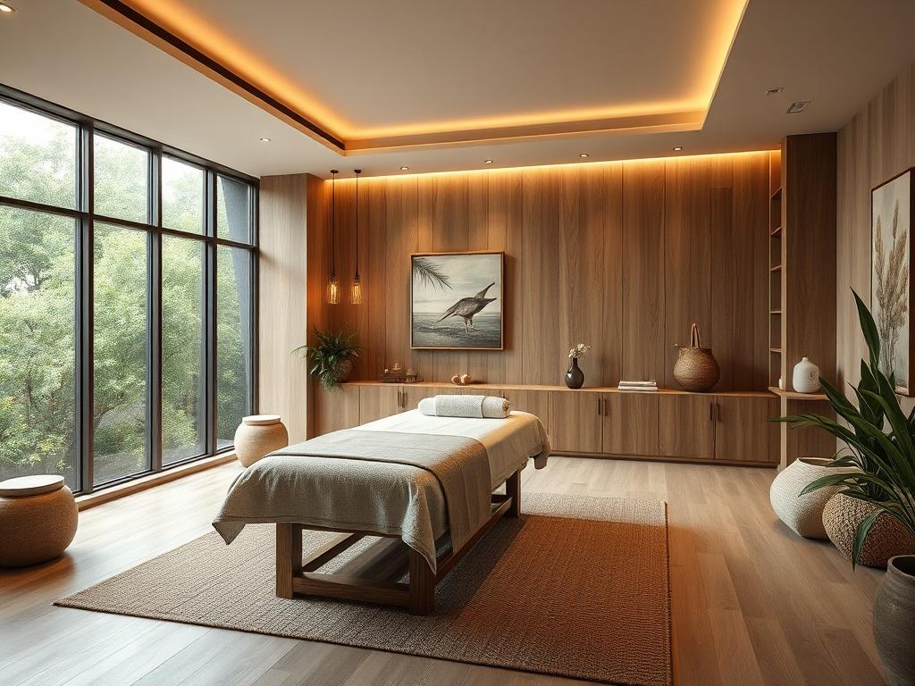 A luxurious treatment room designed for wellness professionals, featuring soft ambient lighting, natural wood accents, and plush furnishings. The room includes a massage table, soothing artwork on the walls, and large windows that let in natural light, creating a calming atmosphere. Earthy tones and textures dominate the space, enhancing the feeling of tranquility and relaxation. The background should include subtle greenery to emphasize a connection to nature.
