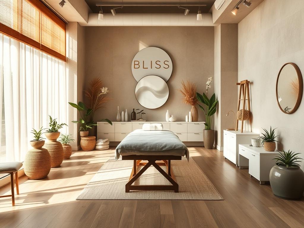 A beautifully designed treatment room at Bliss Building, featuring a spacious layout with soft natural light streaming in through large windows. The room is adorned with earthy textures and calming colors, complemented by high-end furnishings and wellness equipment. A massage table sits in the center, surrounded by plants and calming decor, creating a serene atmosphere perfect for relaxation and rejuvenation. The overall aesthetic is clean and green, emphasizing a luxurious and tranquil environment for well