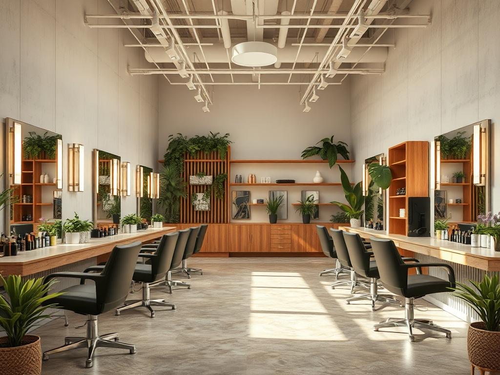 An elegant salon space within Bliss Building, showcasing modern styling stations with sleek mirrors and elegant lighting. The space is filled with natural elements, including wooden accents and greenery, creating a fresh and inviting ambiance. The layout is open and airy, promoting a sense of community among beauty professionals. High-end salon equipment is neatly arranged, reflecting a commitment to quality and luxury in the beauty industry. The color palette consists of soft earth tones, enhancing the ove