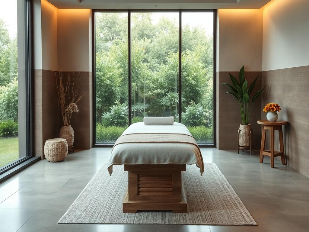 A serene and inviting luxury wellness center, showcasing a beautifully designed treatment room with earthy textures and natural tones. The focus is on a single, elegant treatment table adorned with soothing materials. Soft, ambient lighting creates a calming atmosphere, while large windows reveal a lush green landscape outside, emphasizing the clean and green aesthetic of the space.